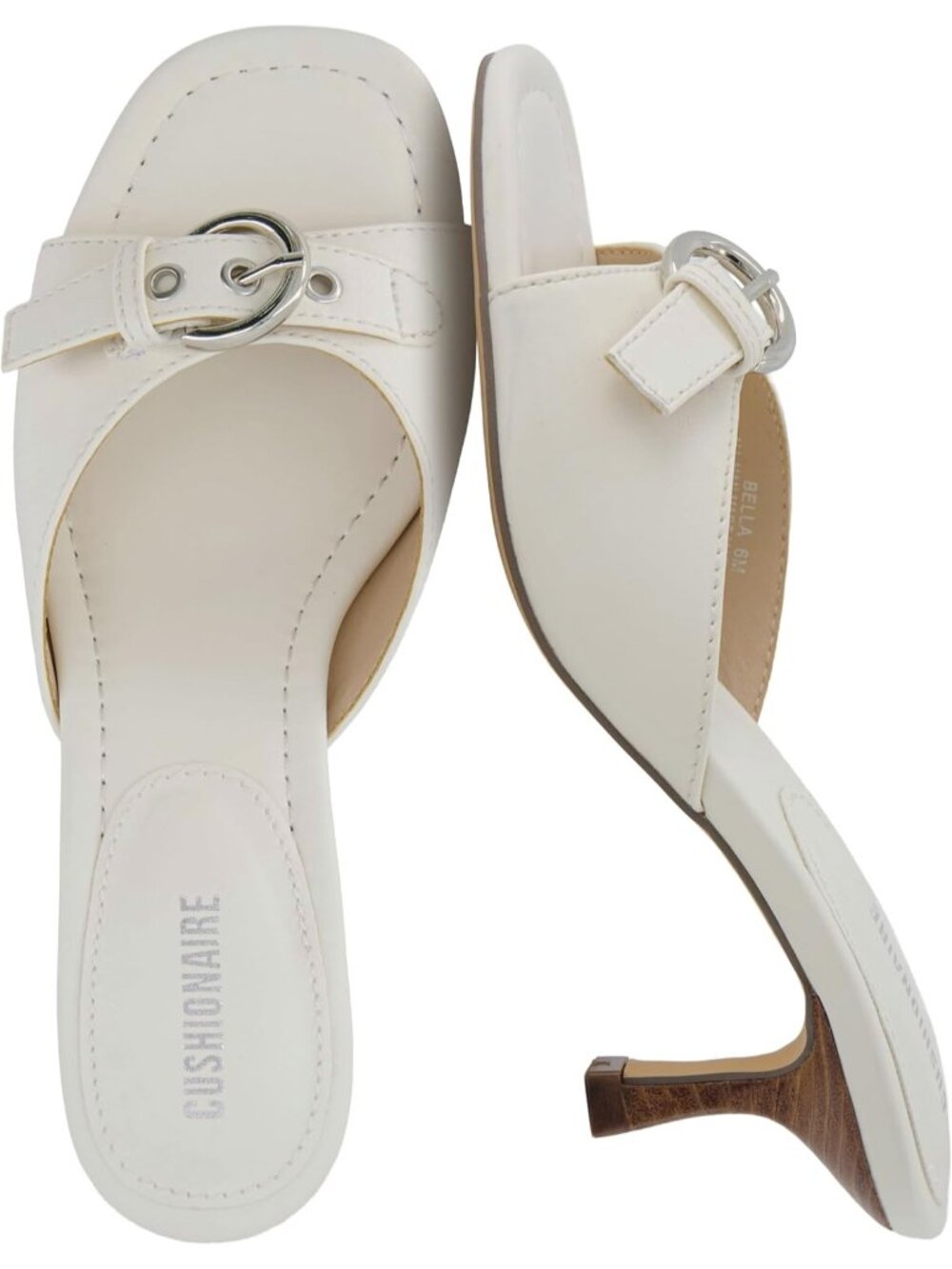 CUSHIONAIRE Women Elegant White Buckle Heeled Comfortable Rubber Mule Sandals